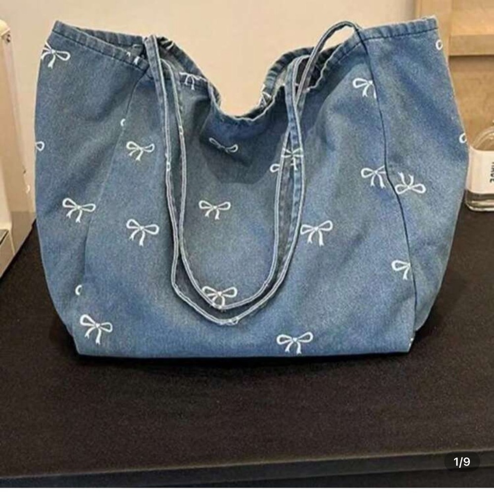 Blue Denim Tote Bag with Bow Accents